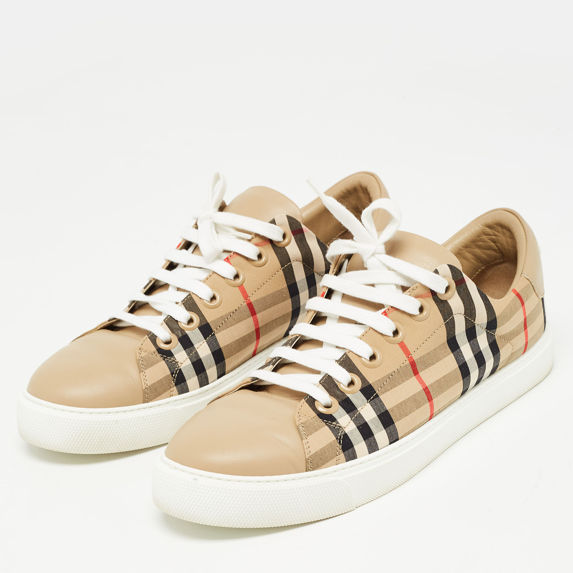 

Burberry Beige Nova Check Canvas and Leather Low Top Sneakers Size, Brown