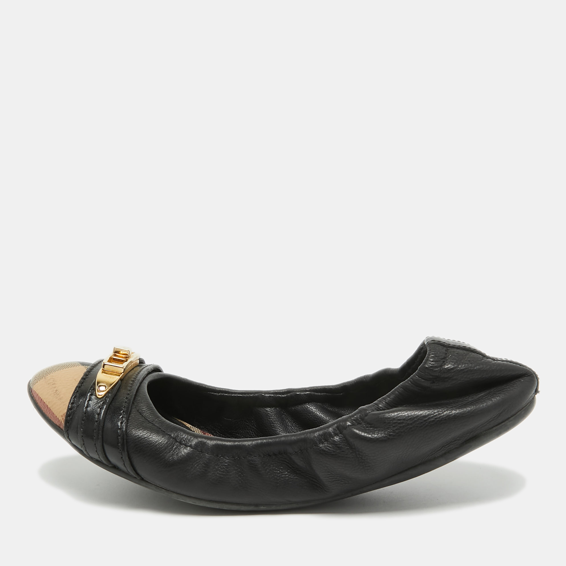Pre-owned Burberry Black /beige House Check Canvas And Leather Ballet Flats Size 35