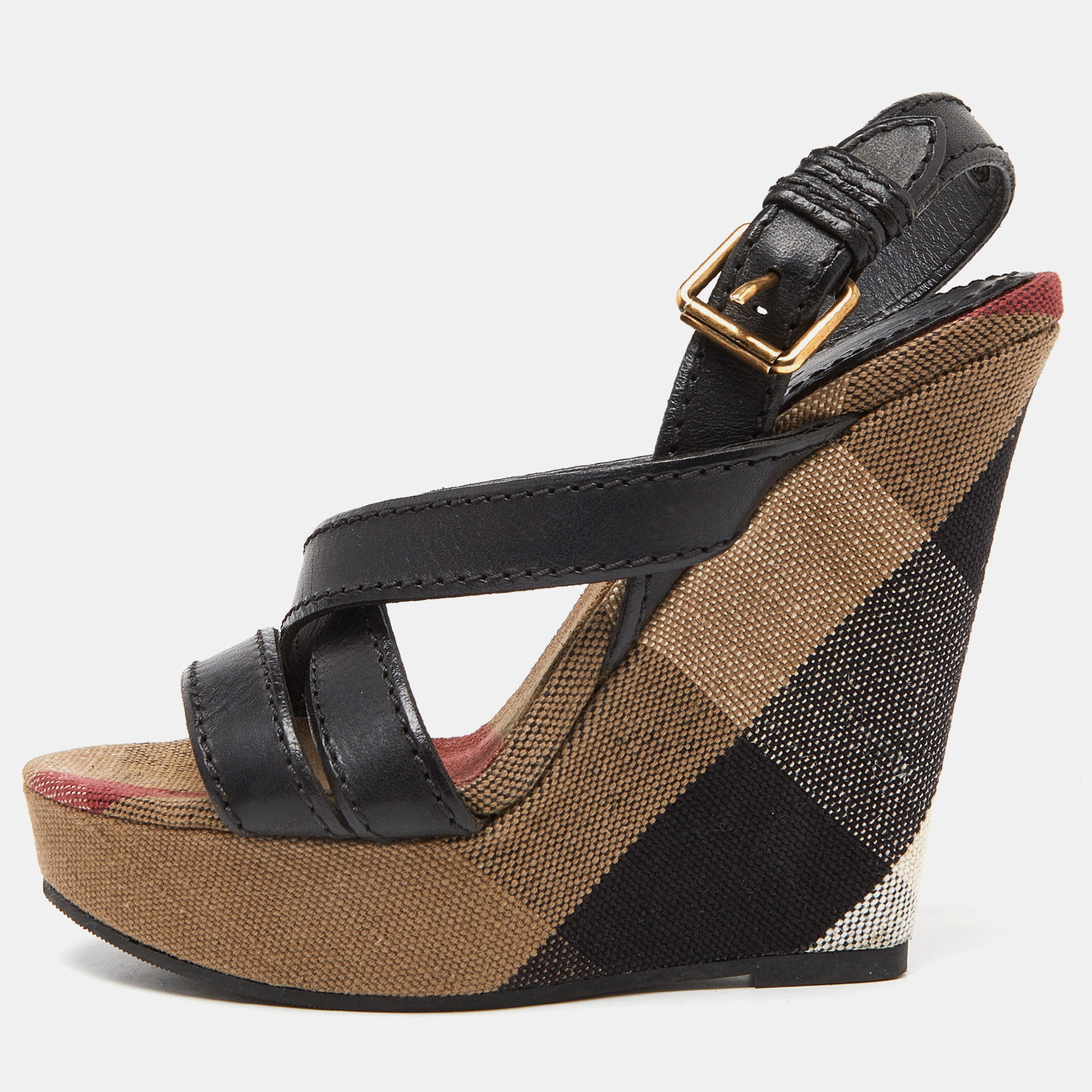 Pre-owned Burberry Multicolor Novacheck Canvas And Black Leather Warlow Platform Wedge Sandals Size 36.5
