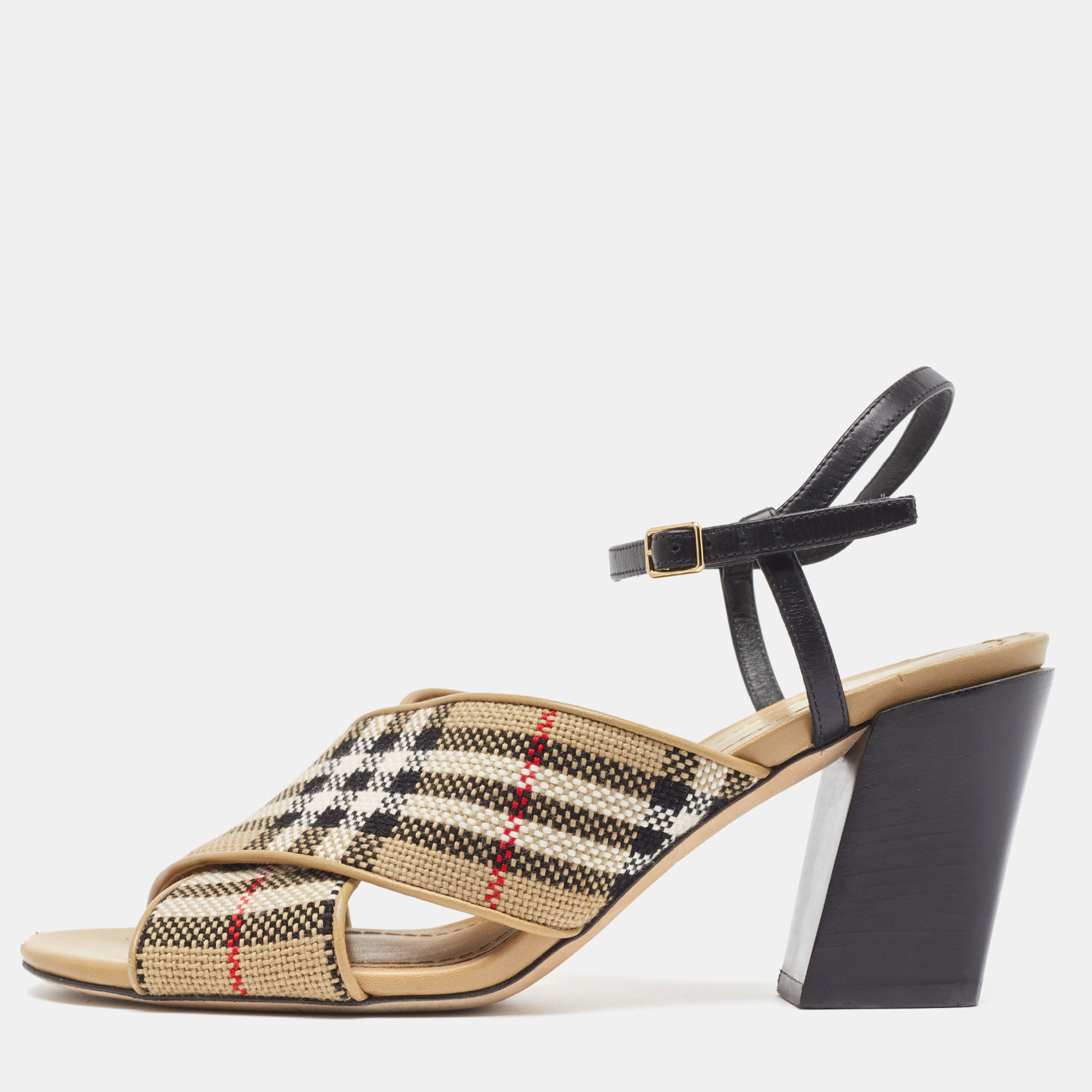 

Burberry Beige/Black House Check Woven Canvas and Leather Cross Strap Sandals Size