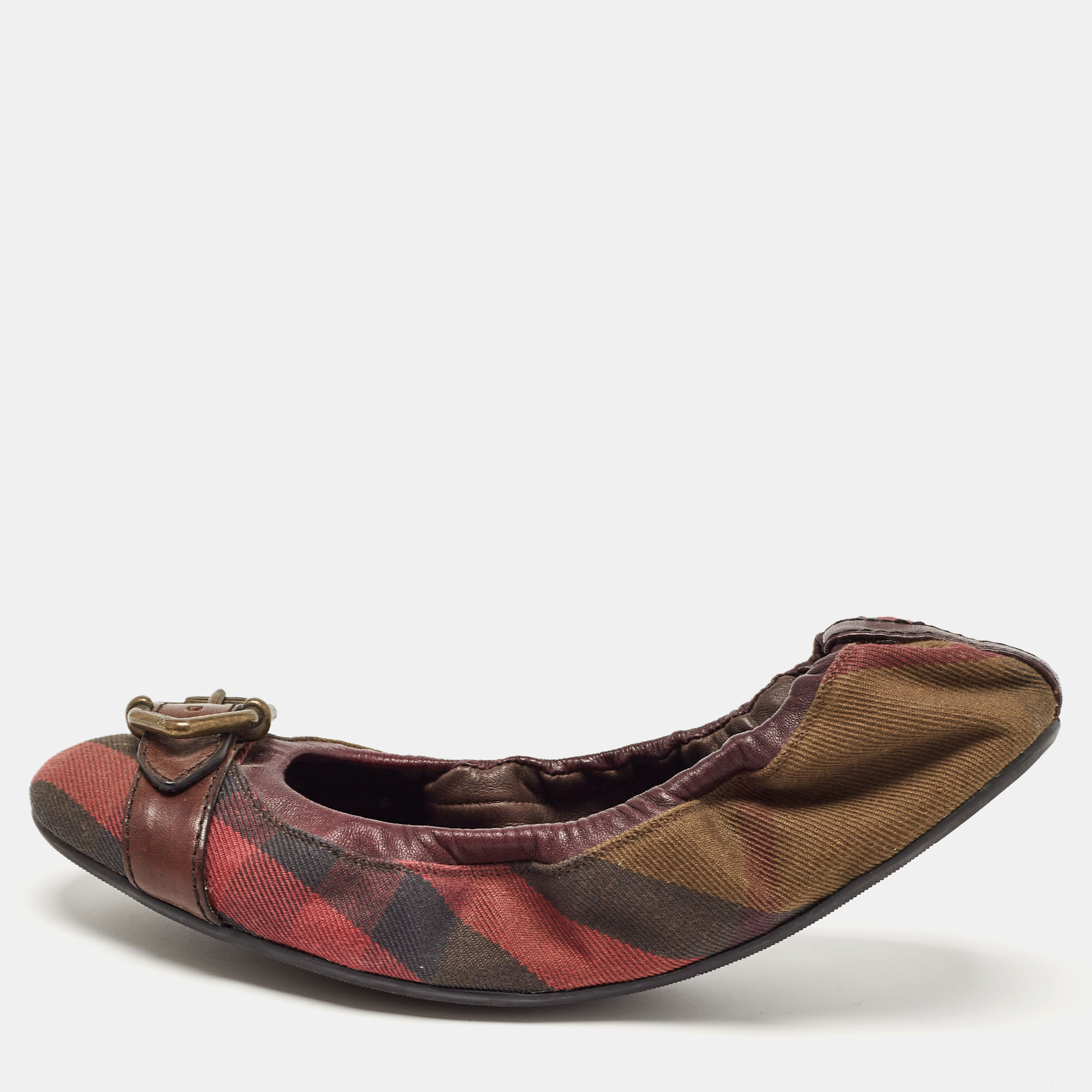 Pre-owned Burberry Multicolor Leather And Check Canvas Glengall Scrunch Ballet Flats Size 38