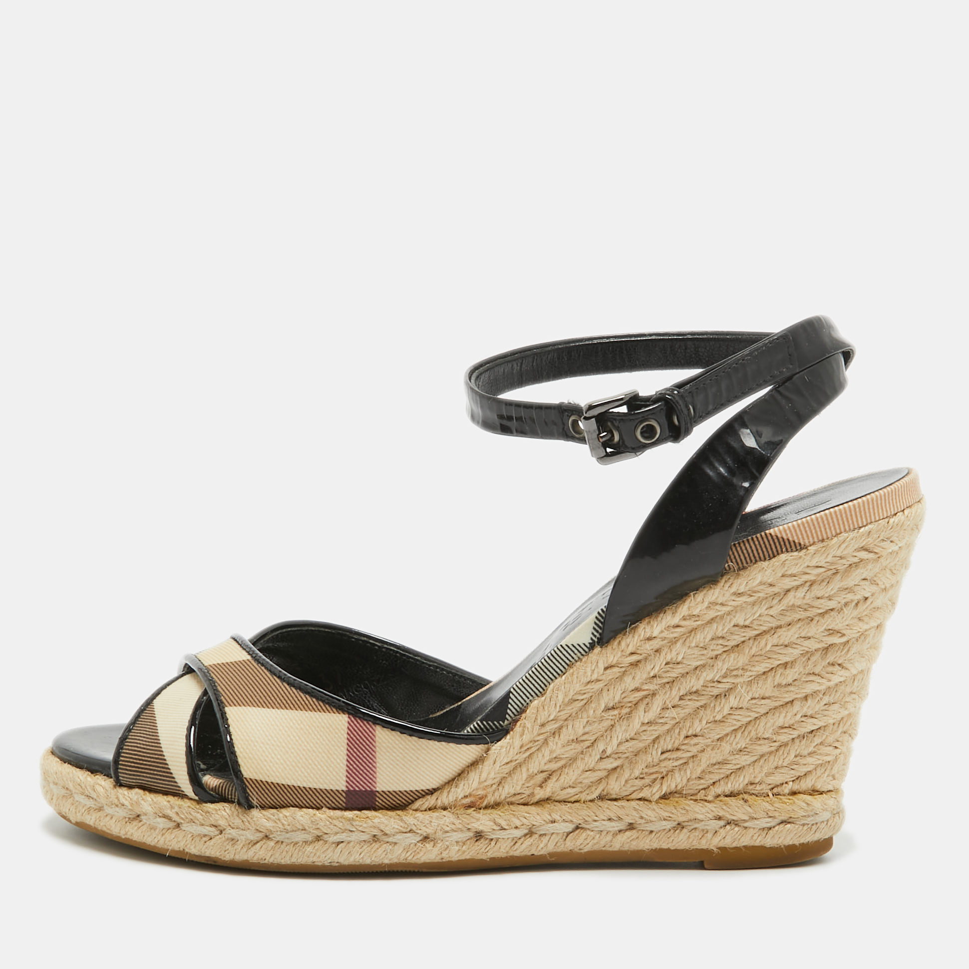 Pre-owned Burberry Black Patent Leather And Novacheck Canvas Espadrille Wedge Sandals Size 37 In Beige