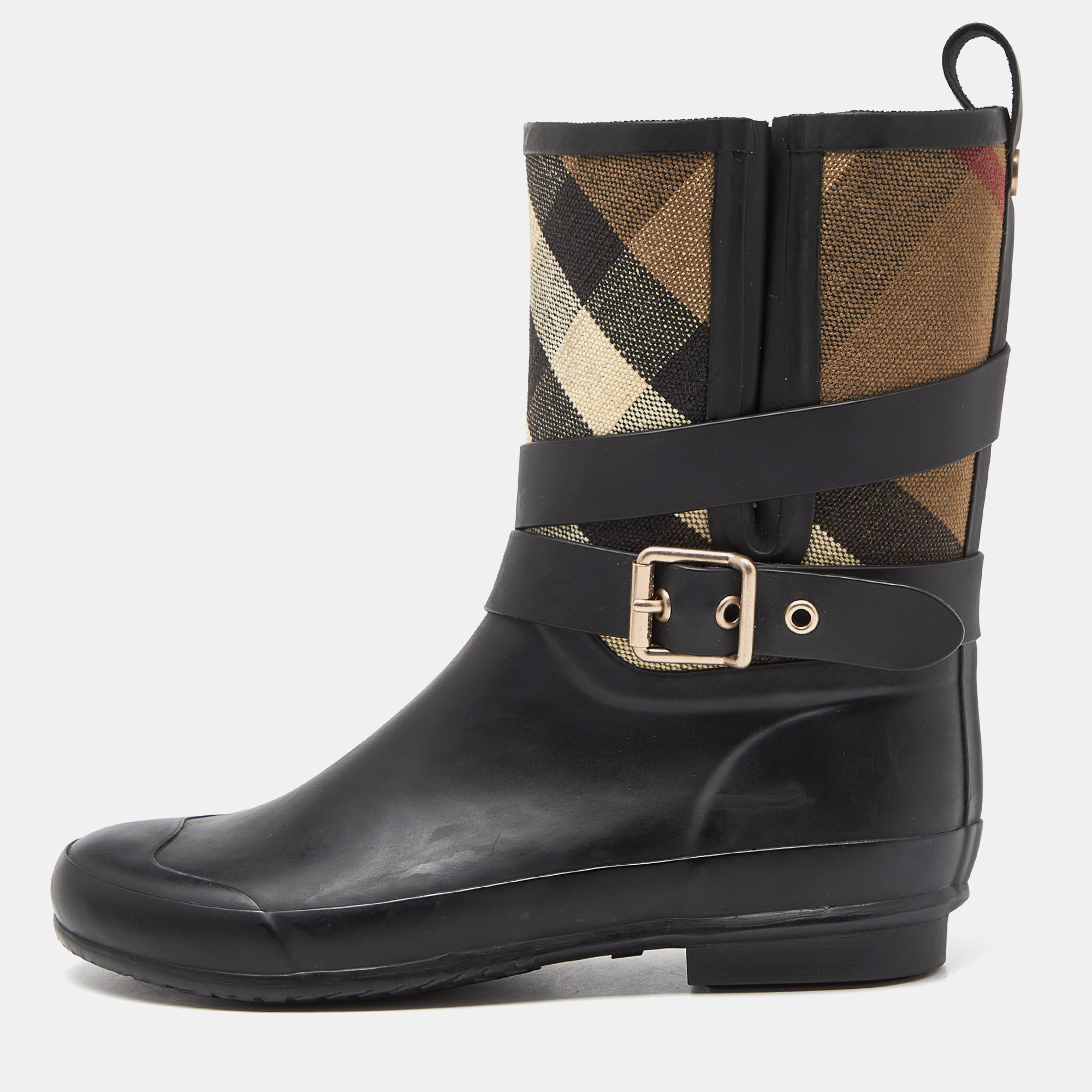 

Burberry Black Rubber and House Check Canvas Rain Boots Size