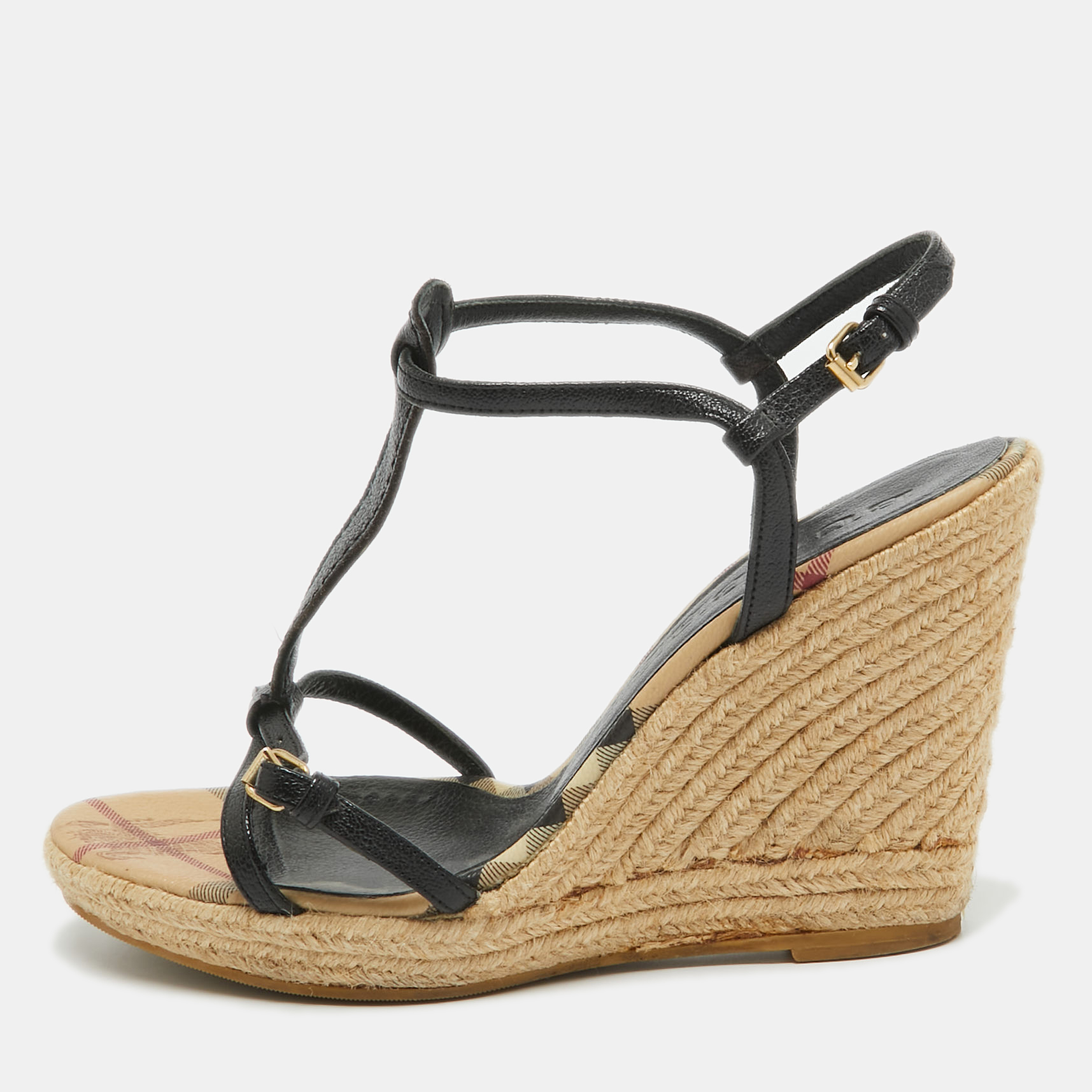 

Burberry Black Leather T-Bar Espadrille Wedge Sandals Size
