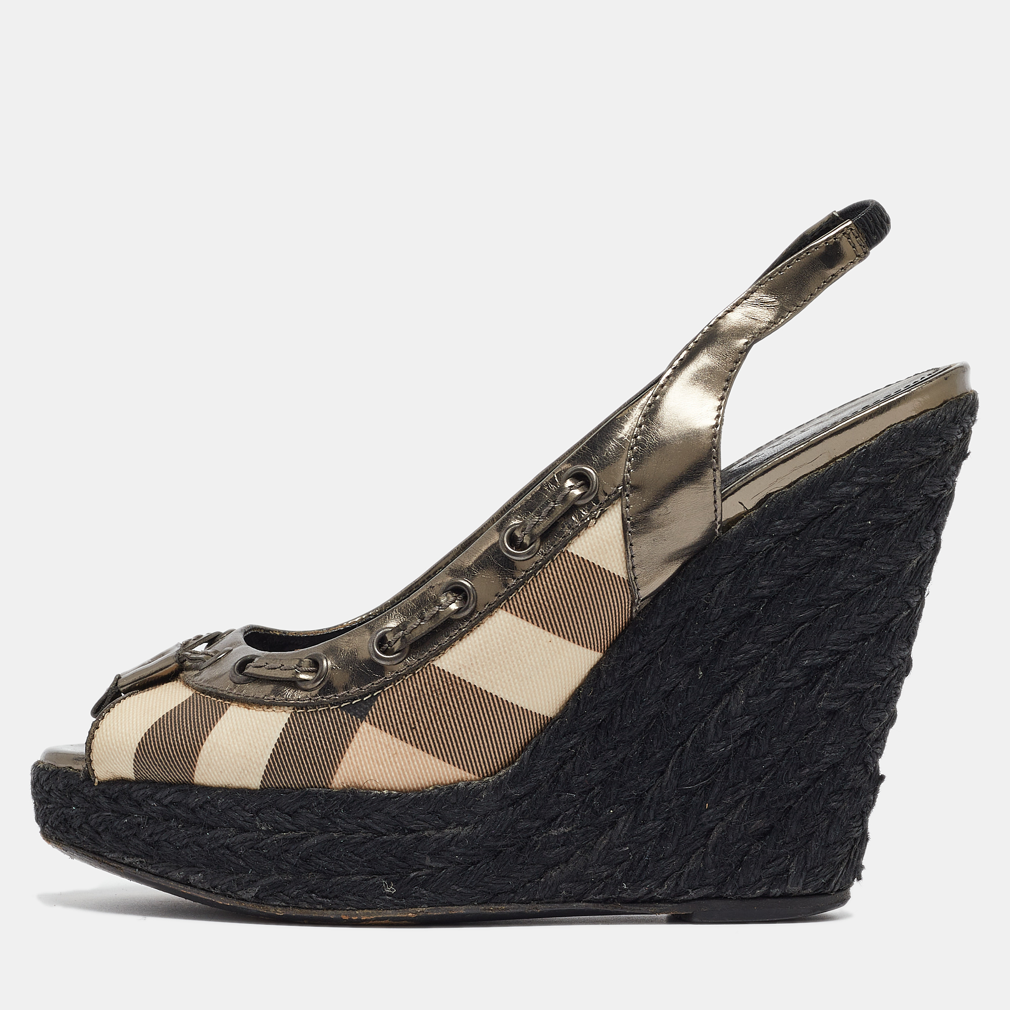 Pre-owned Burberry Multicolor Leather And Check Canvas Espadrille Wedge Slingback Pumps Size 39 In Brown