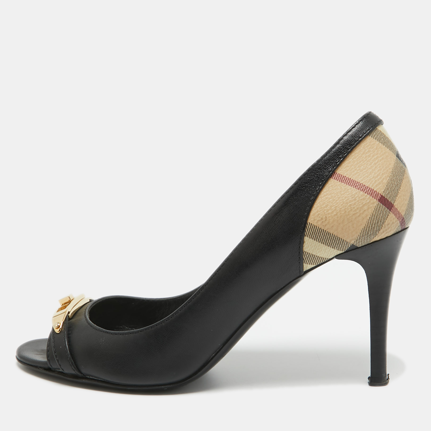 

Burberry Black/Beige Leather and Check Coated Canvas Embellished Open Toe Pumps Size