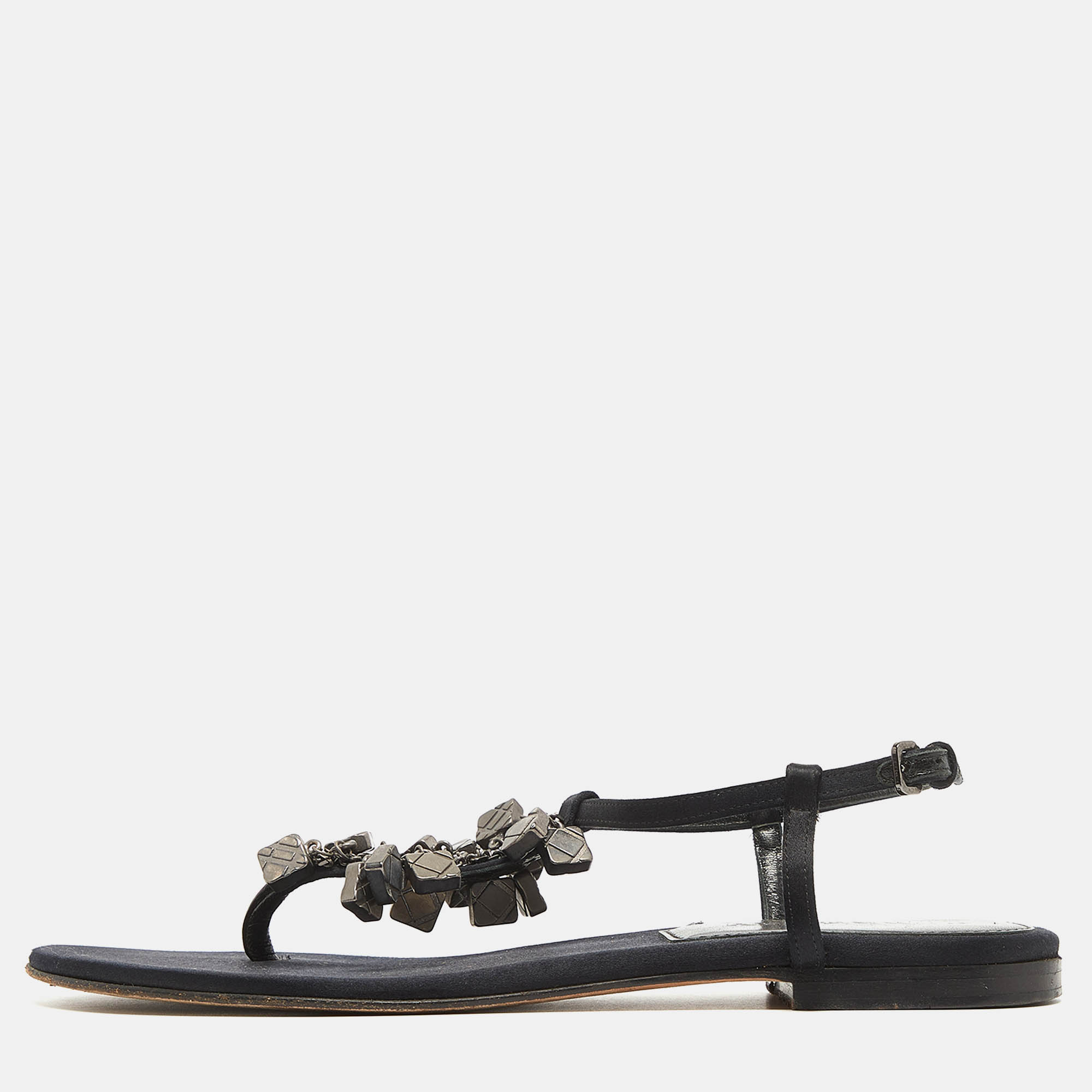 

Burberry Black Satin Embellished Thong Flat Sandals Size