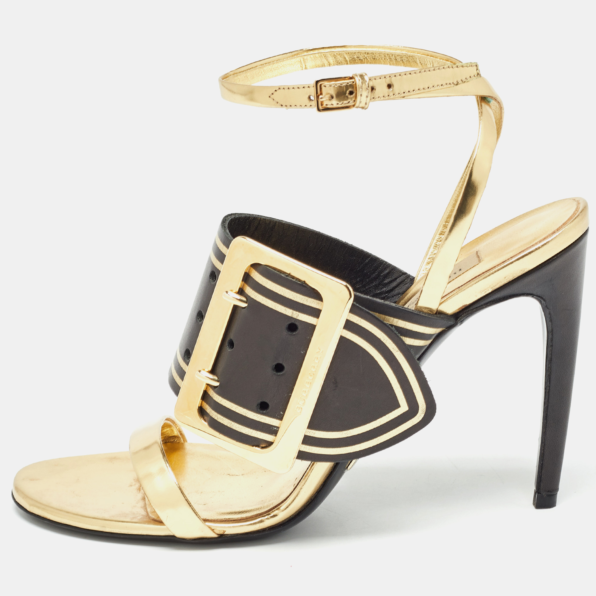 

Burberry Black/Gold Leather Buckle Detail Ankle Strap Sandals Size