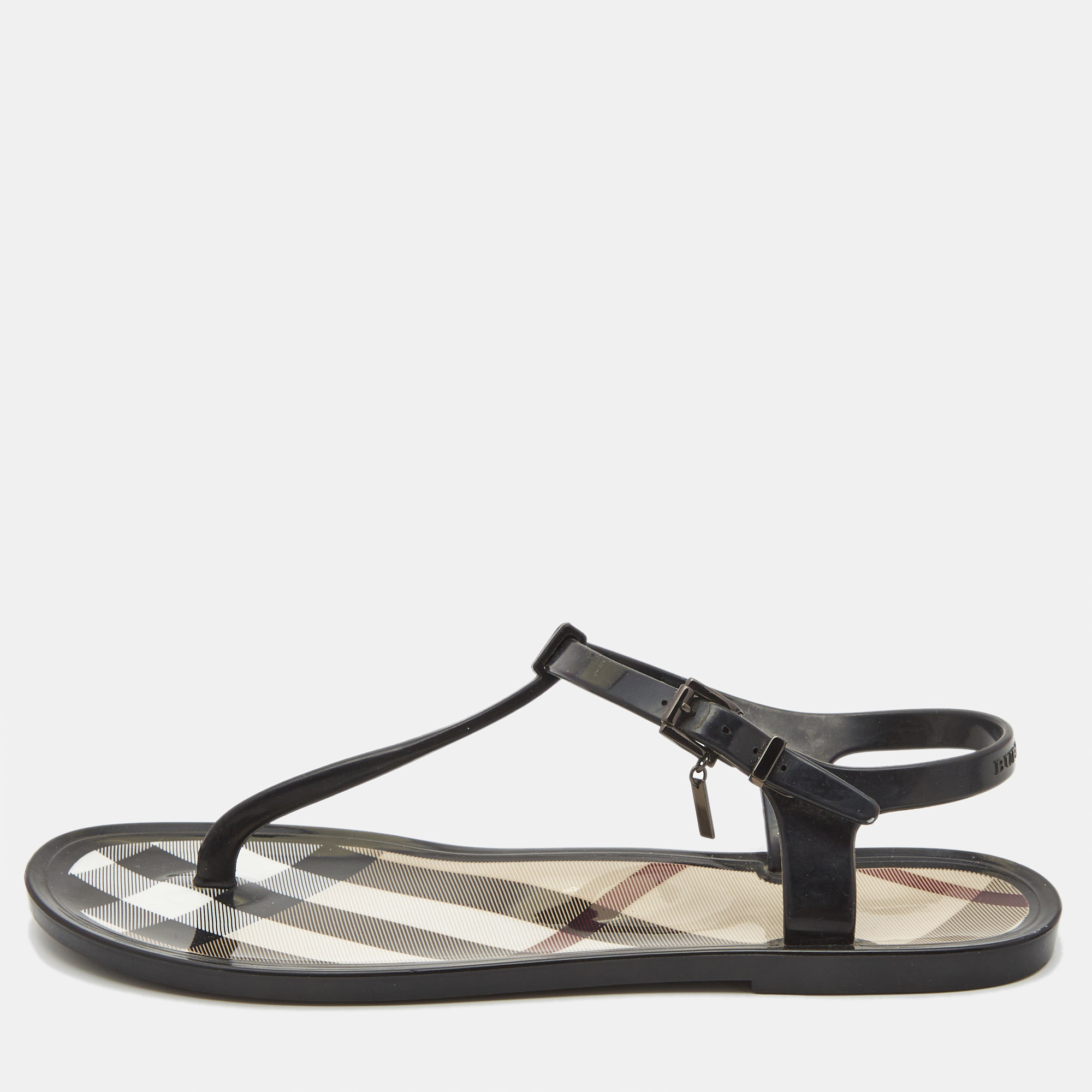 

Burberry Black/Beige House Check Jelly Thong Flats Size