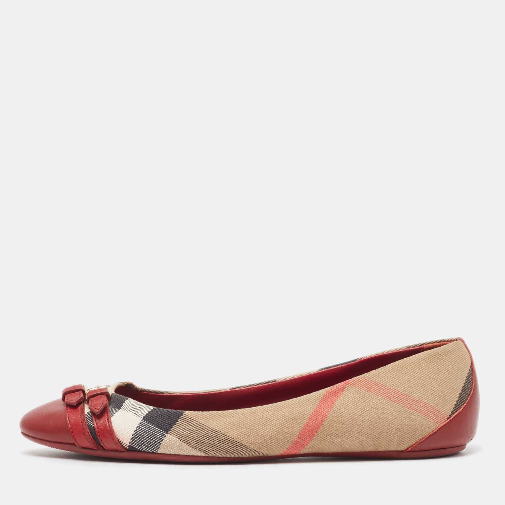 Pre-owned Burberry Burgundy/beige Leather And Nova Check Canvas Buckle Detail Ballet Flats Size 40