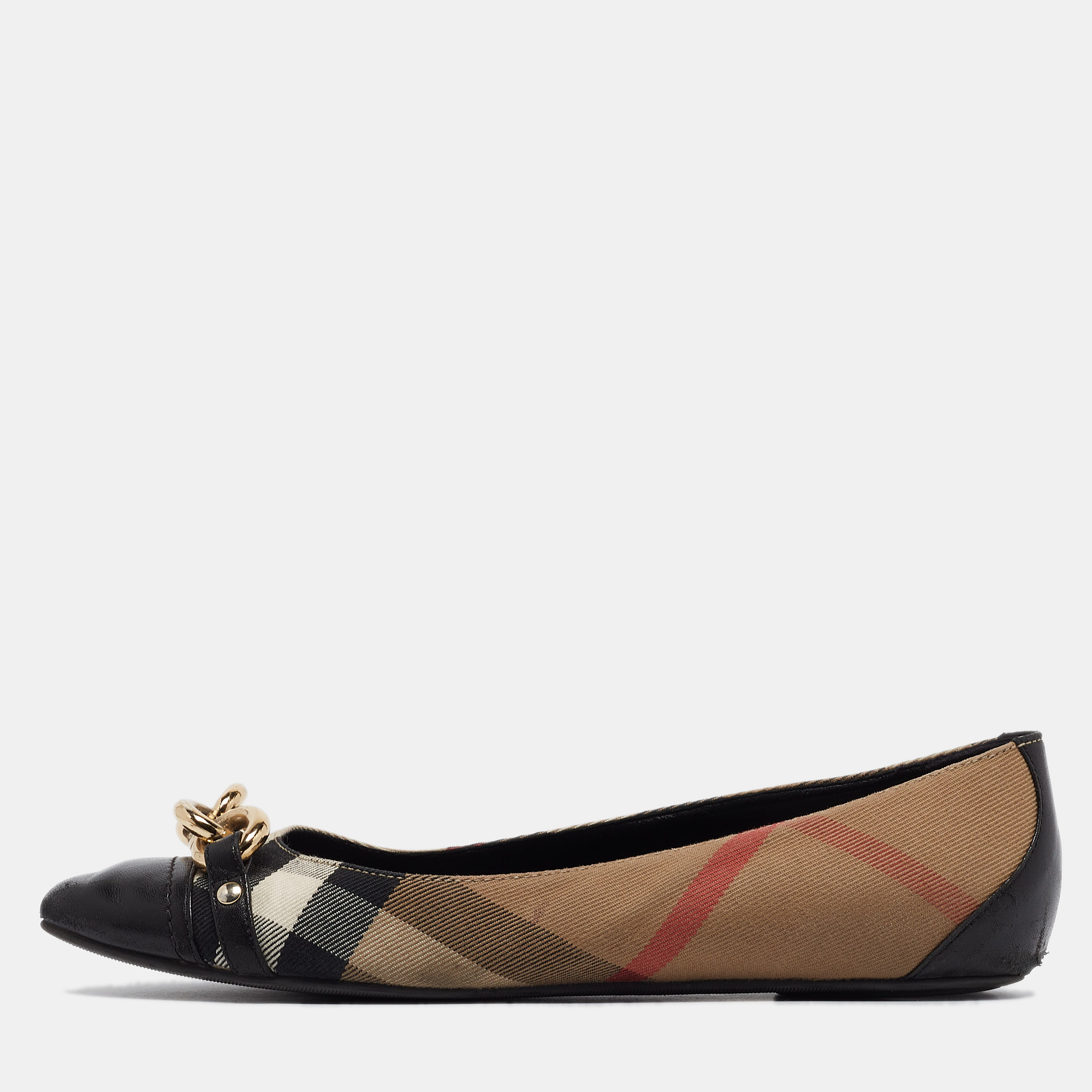 Pre-owned Burberry Black/beige House Check Chain Ballet Flats Size 39.5