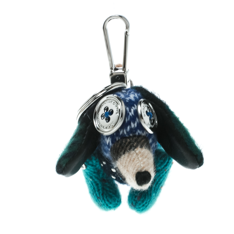 Burberry Tilly the Sausage Dog Teal Blue Cashmere Embellished Bag Charm / Keychain
