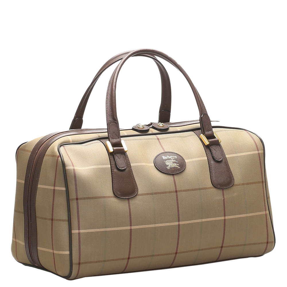 

Burberry Brown Plaid Canvas Travel Bag, Beige