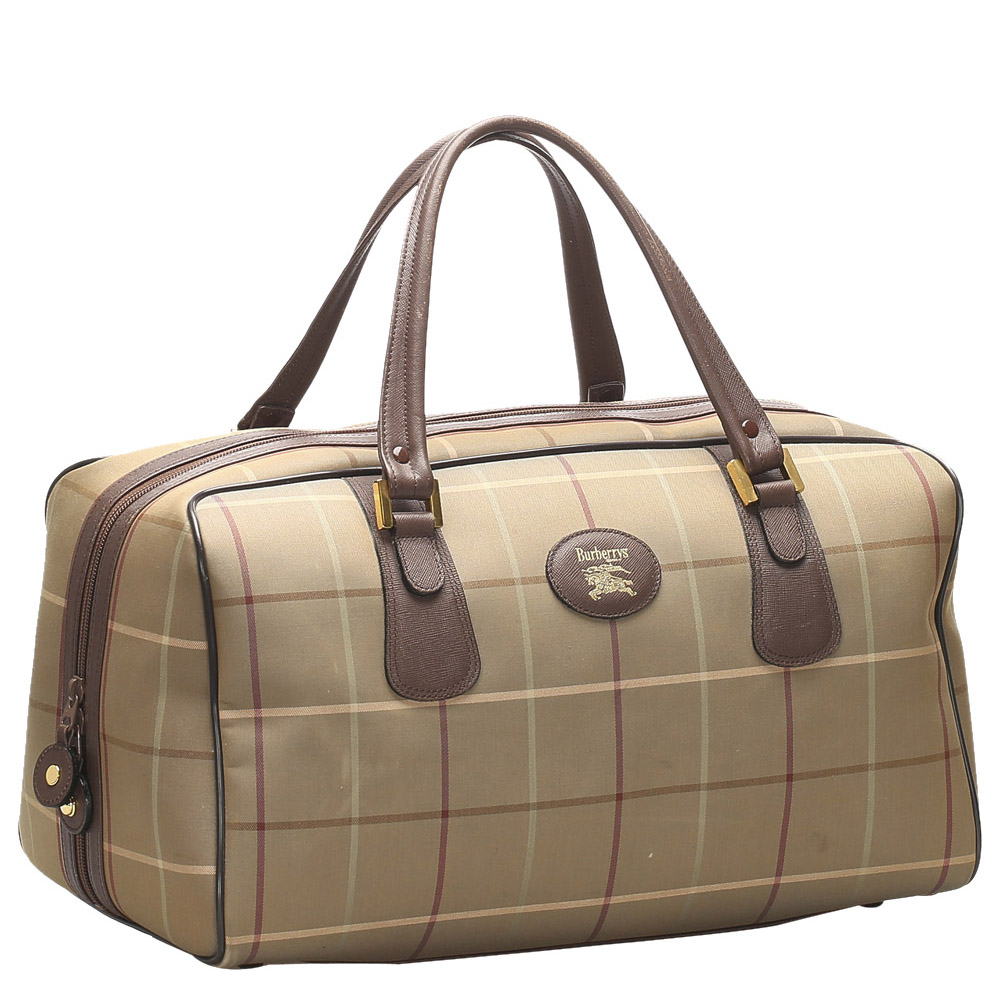 

Burberry Brown Plaid Canvas Travel Bag, Beige