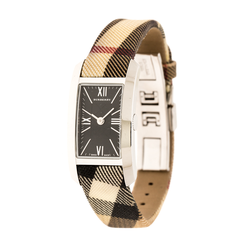 Burberry Black Check Engraved Stainless Steel Nova Check BU1060 Women's ...