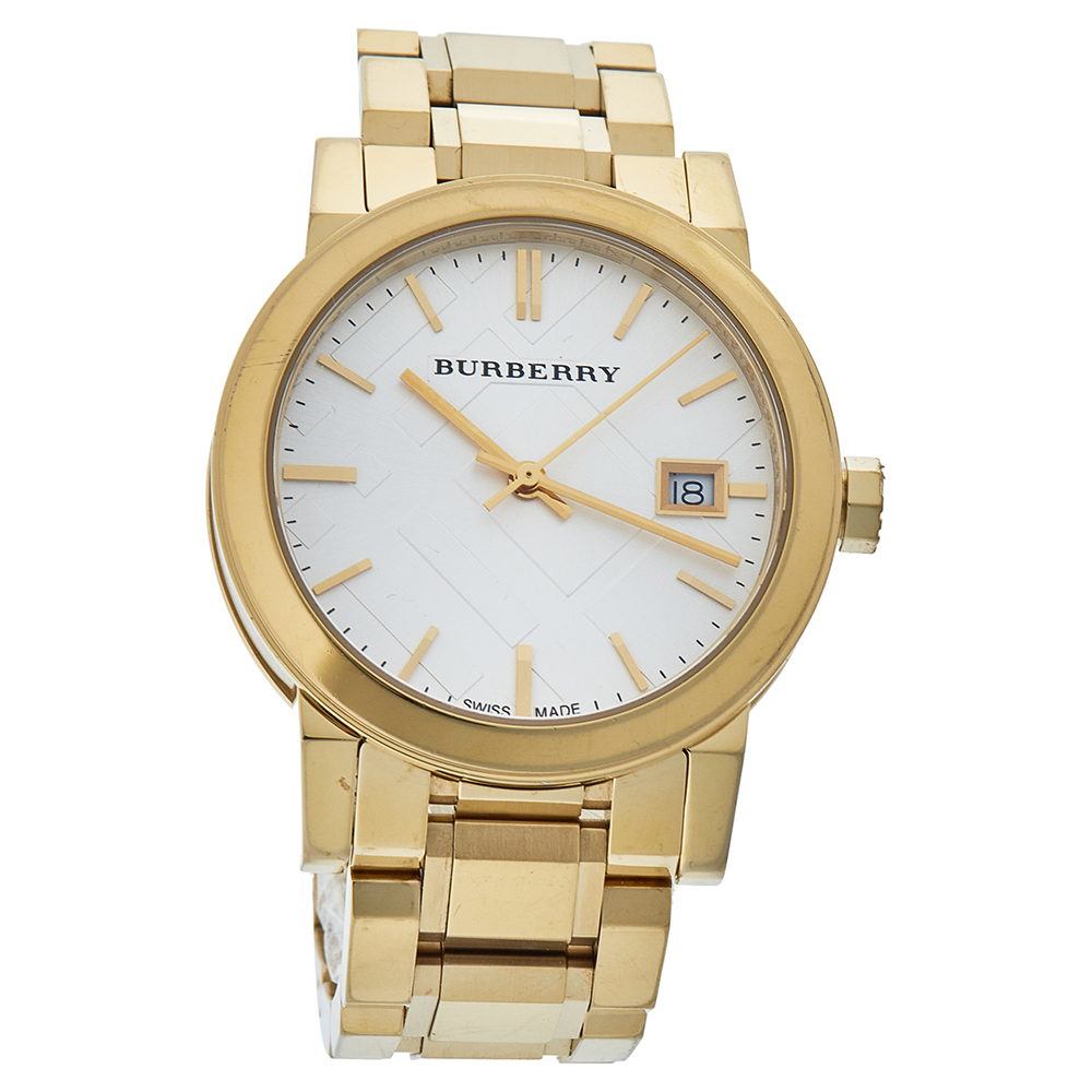 Pre-owned Burberry Silver Gold Tone Stainless Steel Bu9103 Women's Wristwatch 34 Mm
