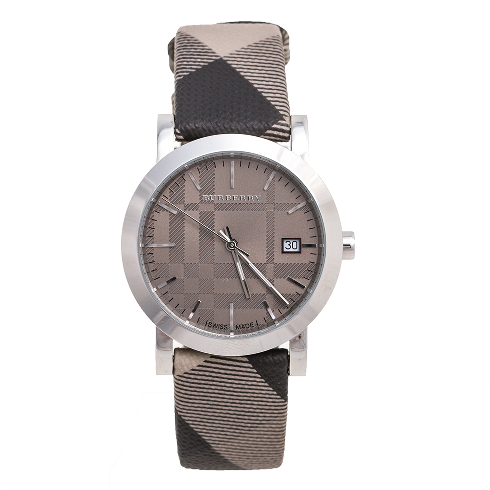 Pre-owned Burberry Grey Stainless Steel Check Leather Heritage Bu1774 Unisex Wristwatch 38 Mm