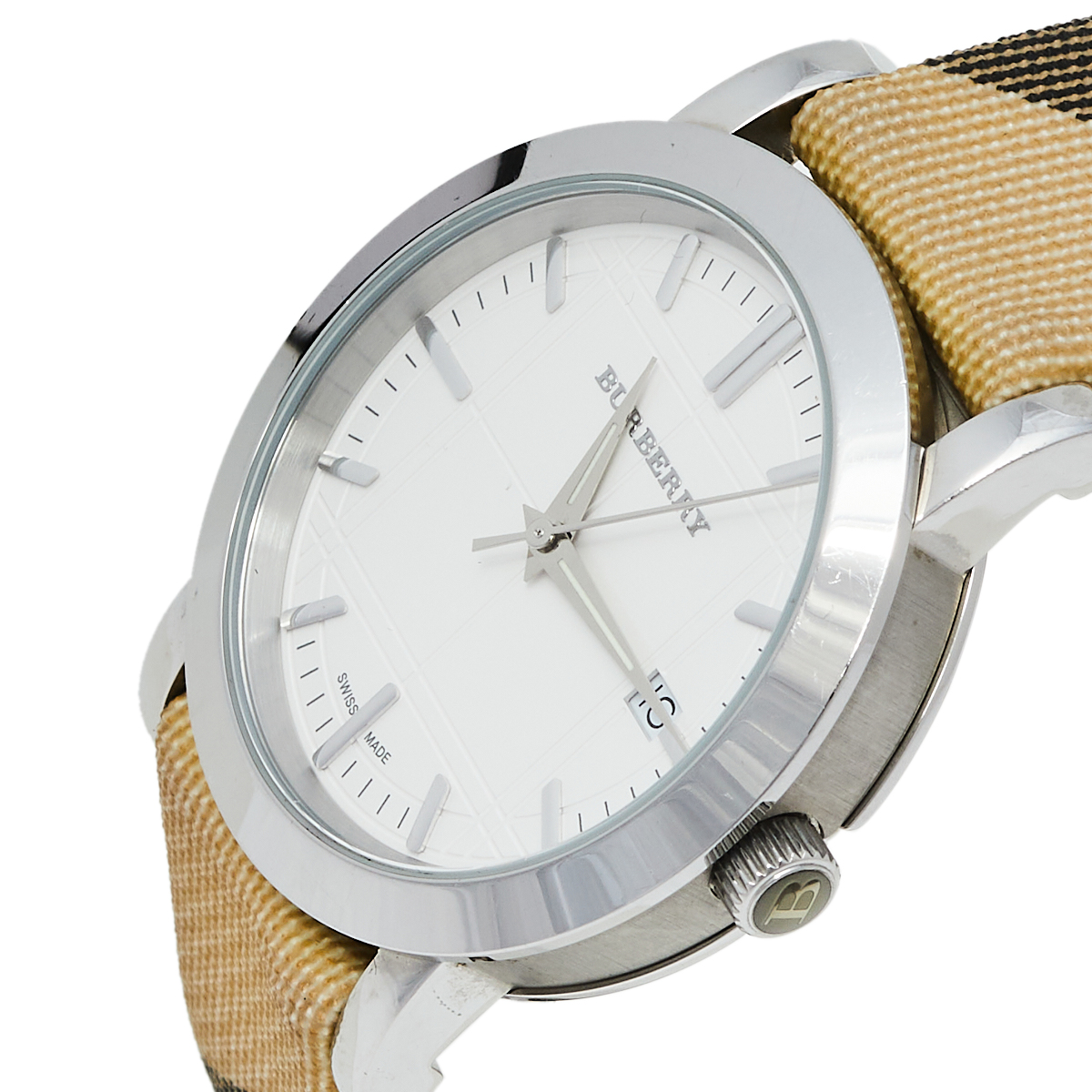 

Burberry White Novacheck Canvas Leather Stainless Steel The City BU1390 Women's Wristwatch