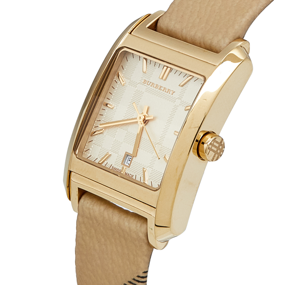 

Burberry Champagne Yellow Gold Plated Stainless Leather Steel Nova Check BU1582 Women's Wristwatch