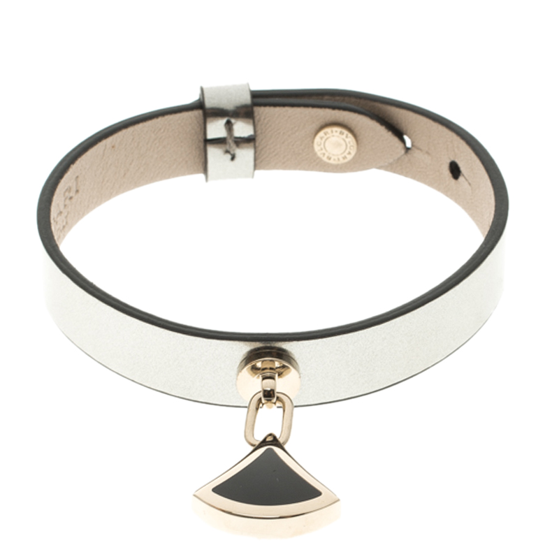 Pre Owned Bvlgari Diva's Dream Grey Metallic Leather Enamel Gold Plated Bracelet S