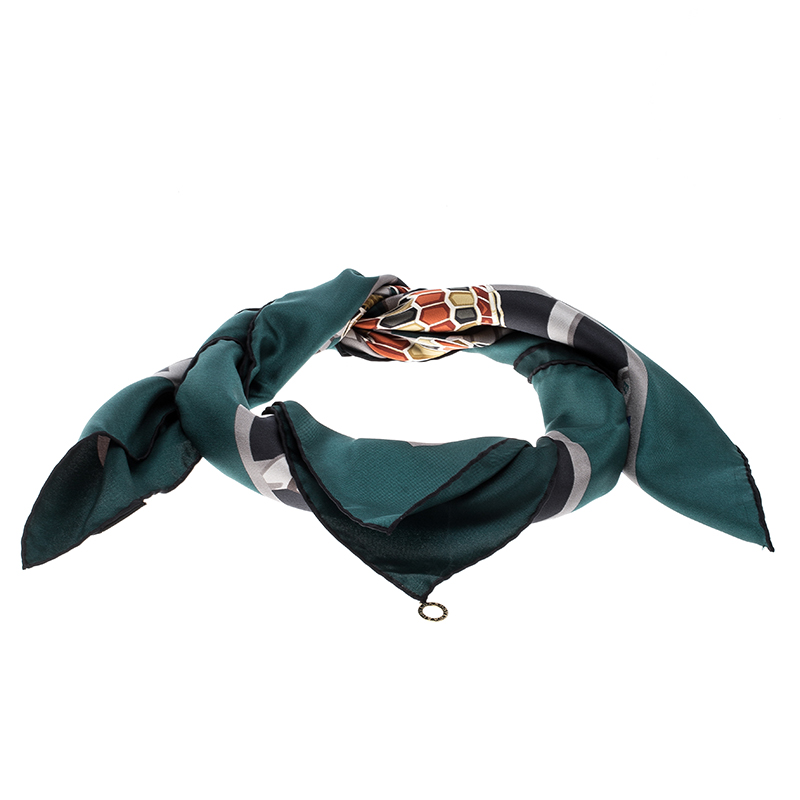 Bvlgari Forest Green Tangled Serpenti Print Square Silk Scarf