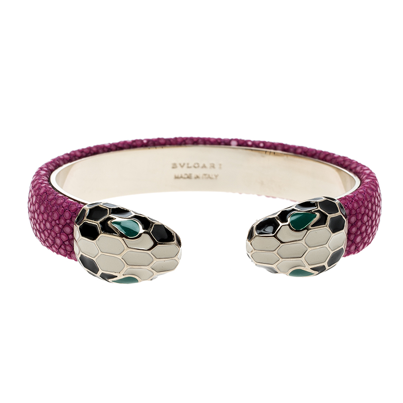 Pre Owned Bvlgari Serpenti Forever Enamel & Pink Galuchat Leather Gold Plated Open Cuff Bracelet