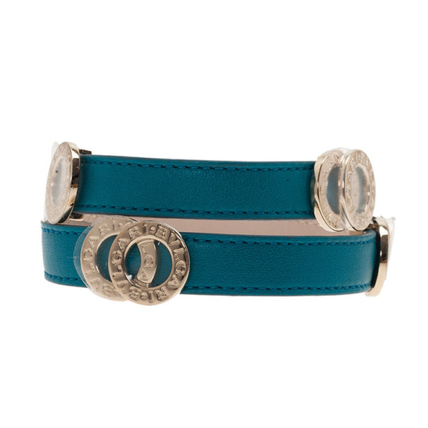 Pre Owned Bvlgari Bvlgari Leather Double Coiled Blue Bracelet S