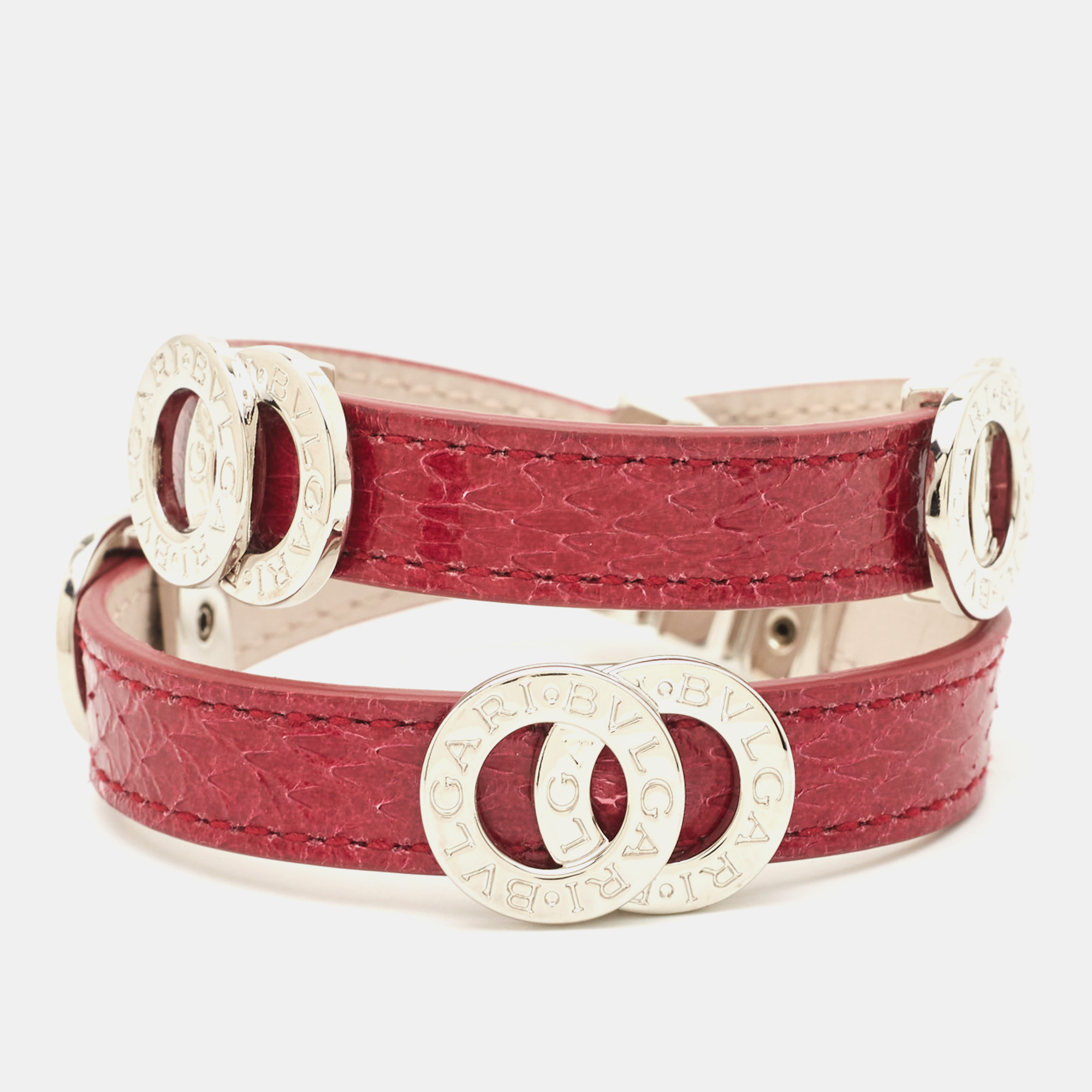 

Bvlgari Double Coiled Red Snakeskin Leather Silver Tone Wrap Bracelet