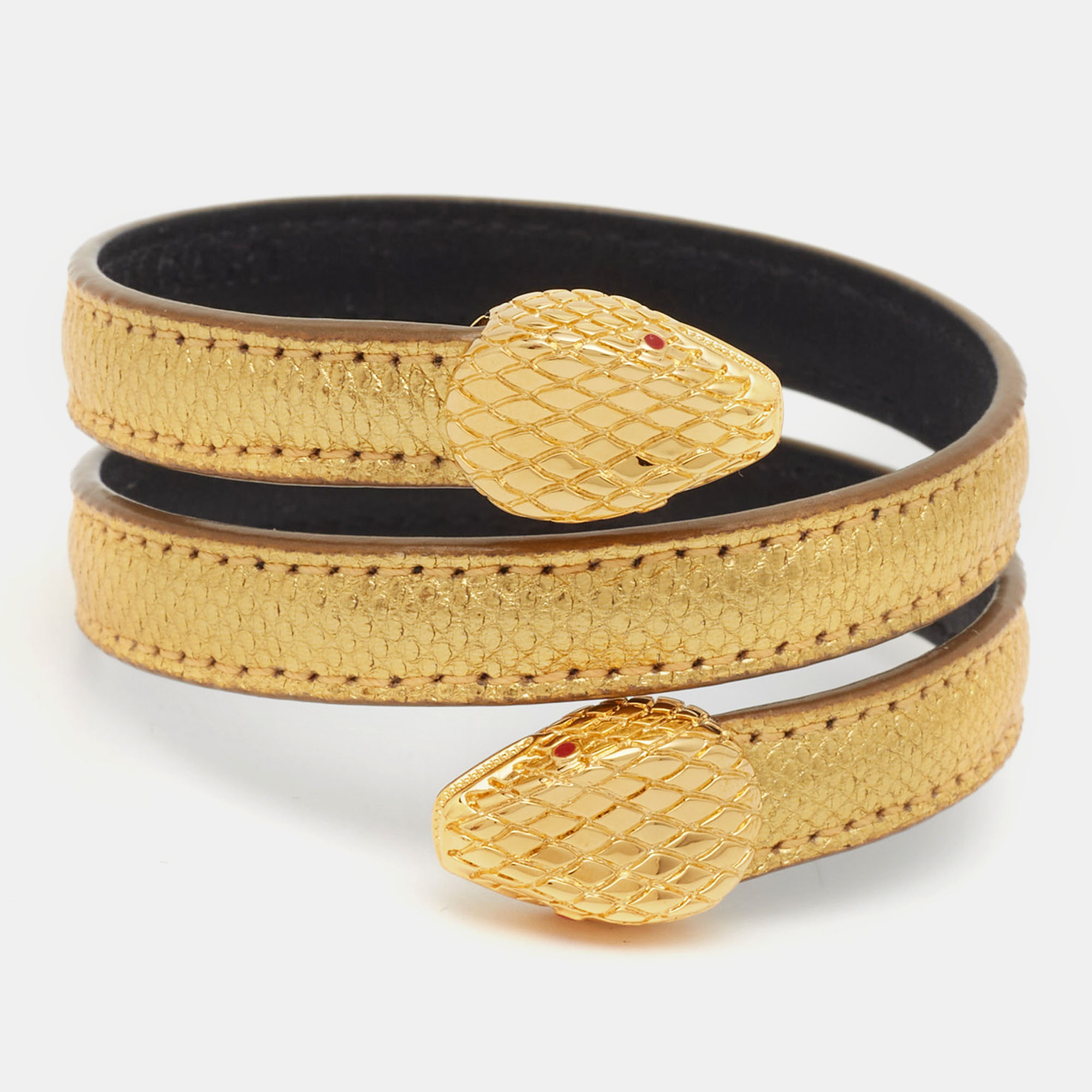 Pre Owned Bvlgari Serpenti Forever Enamel Leather Gold Tone Bracelet