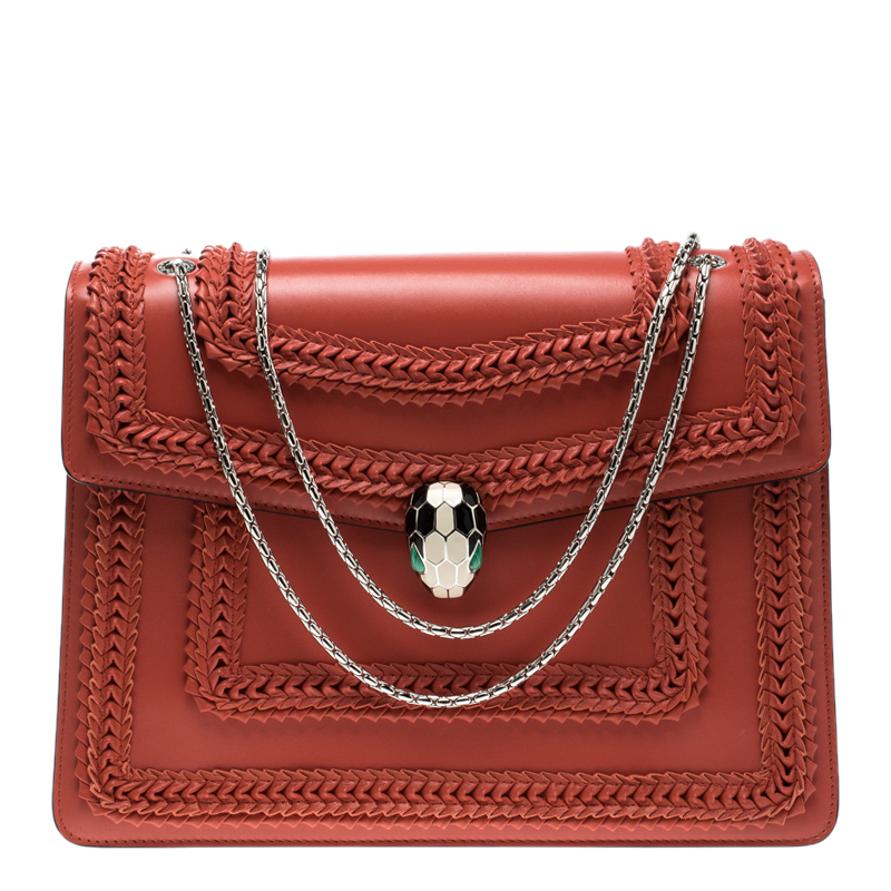 Pre Owned Bvlgari Red Leather Large Ruffled Serpenti Forever Shoulder Bag