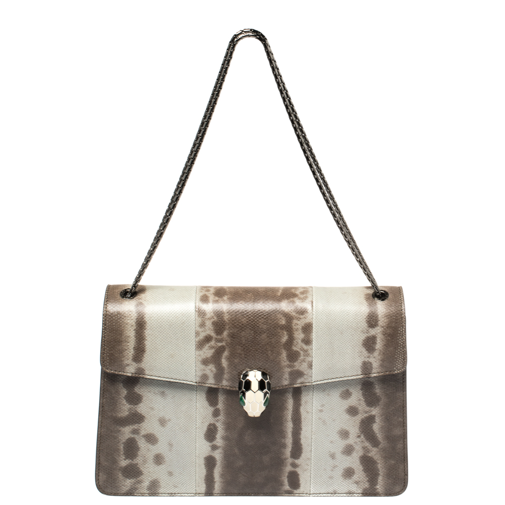 Pre Owned Bvlgari Brown/Grey Karung Medium Serpenti Forever Flap Shoulder Bag