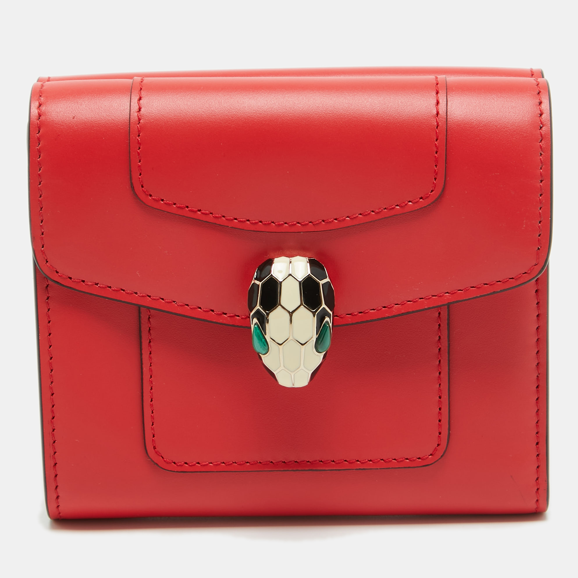 Pre Owned Bvlgari Red Leather Serpenti Forever Trifold Wallet