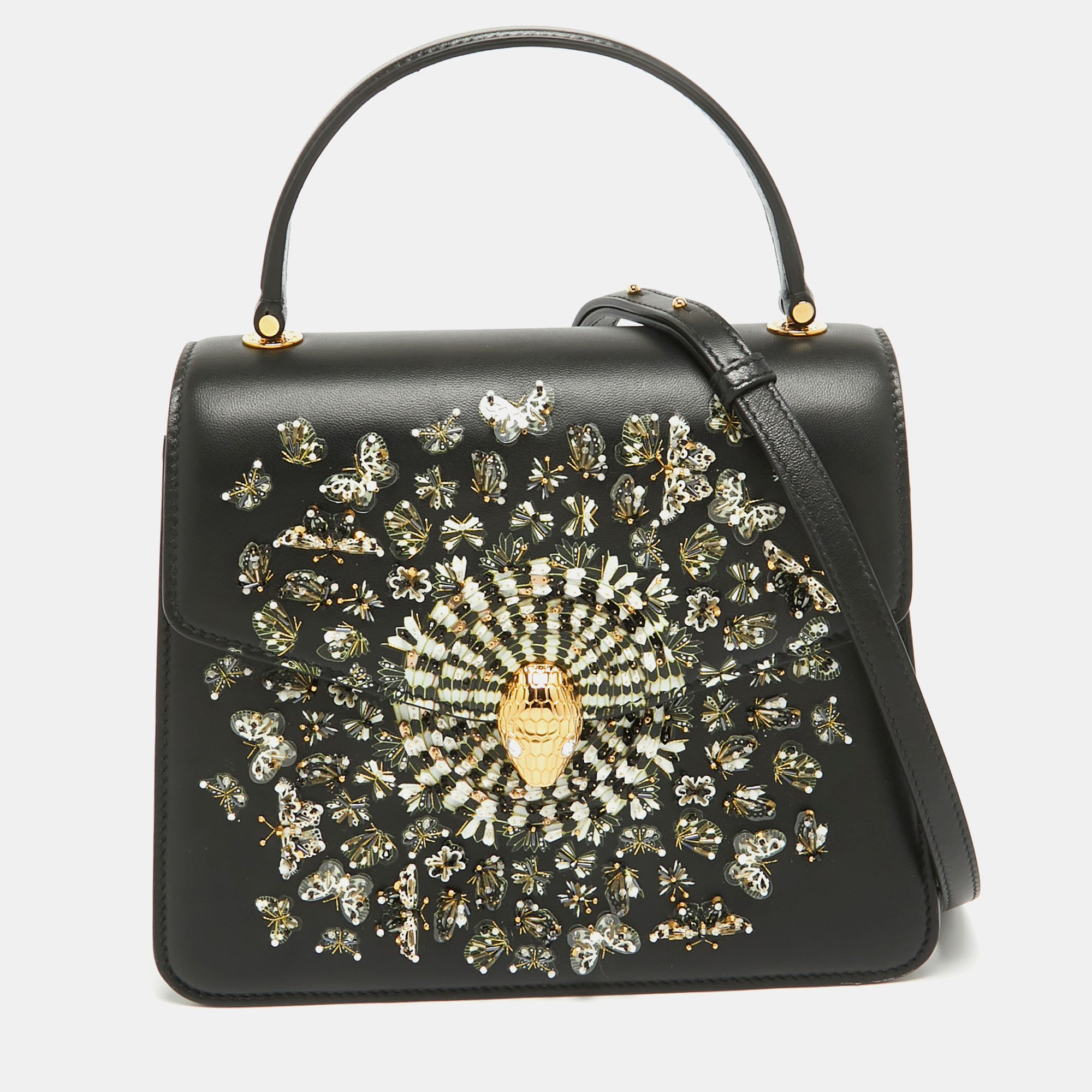 

Bvlgari x Mary Katrantzou Black Leather Bejewelled Top Handle Bag