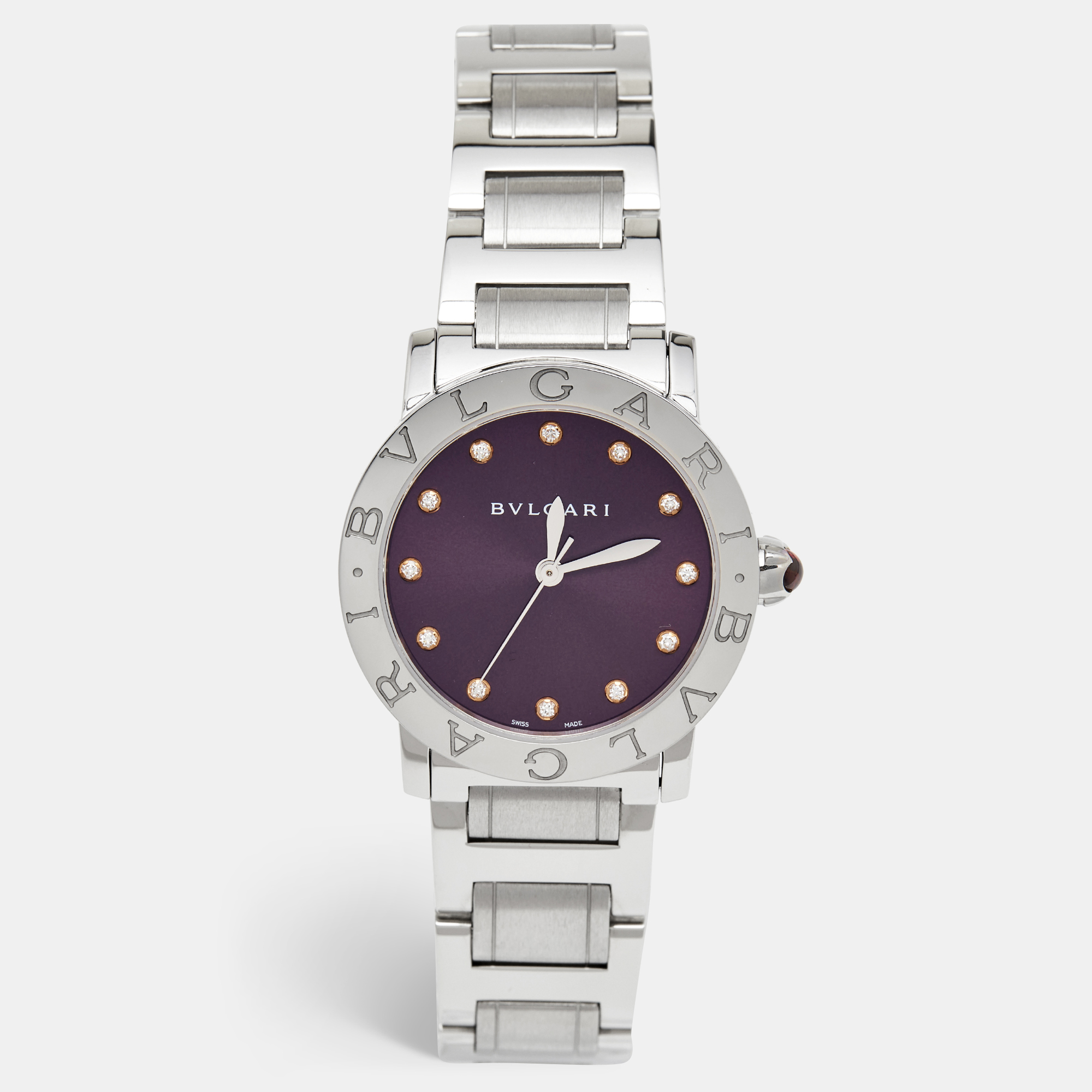 Pre Owned Bvlgari Purple Diamond Stainless Steel BvlgariBvlgari 102607 Women's Wristwatch 33 mm 