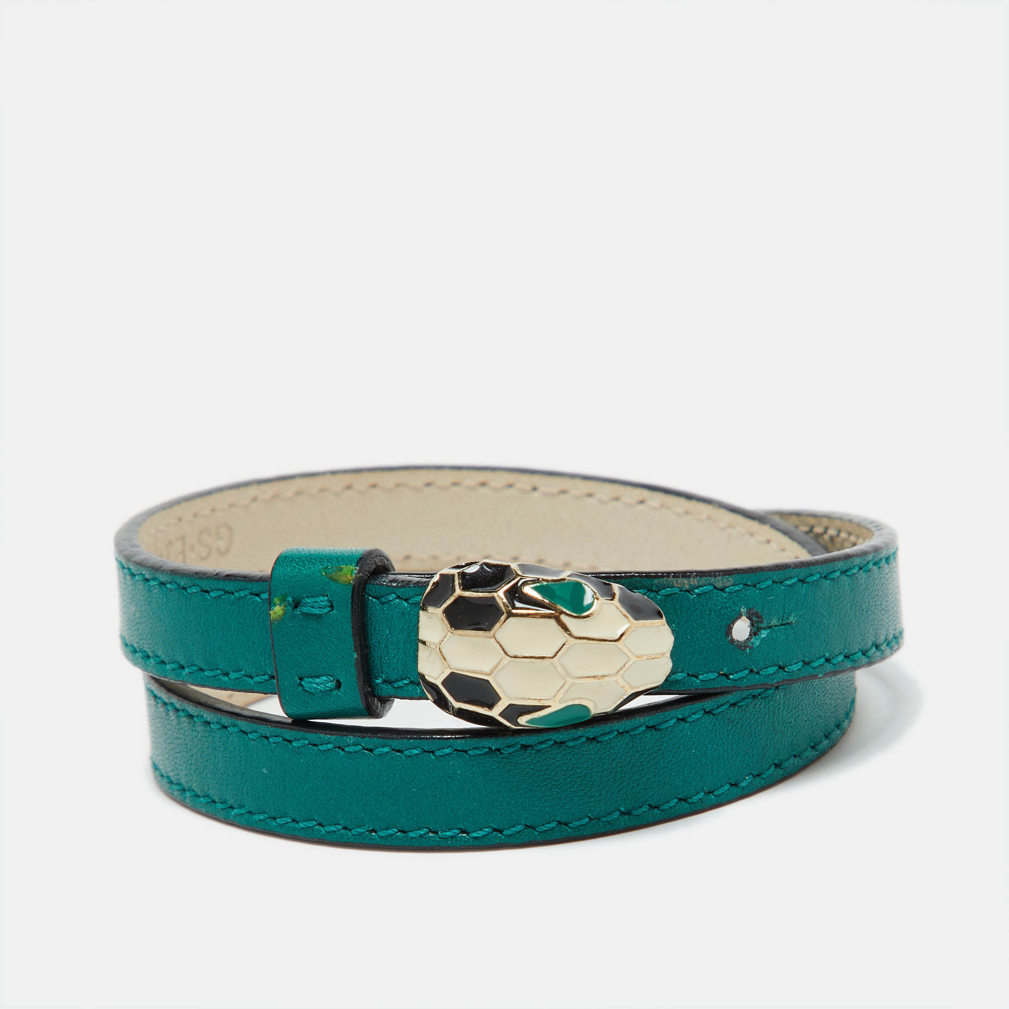 

Bvlgari Serpenti Forever Enamel Leather Gold Tone Wrap Bracelet, Green