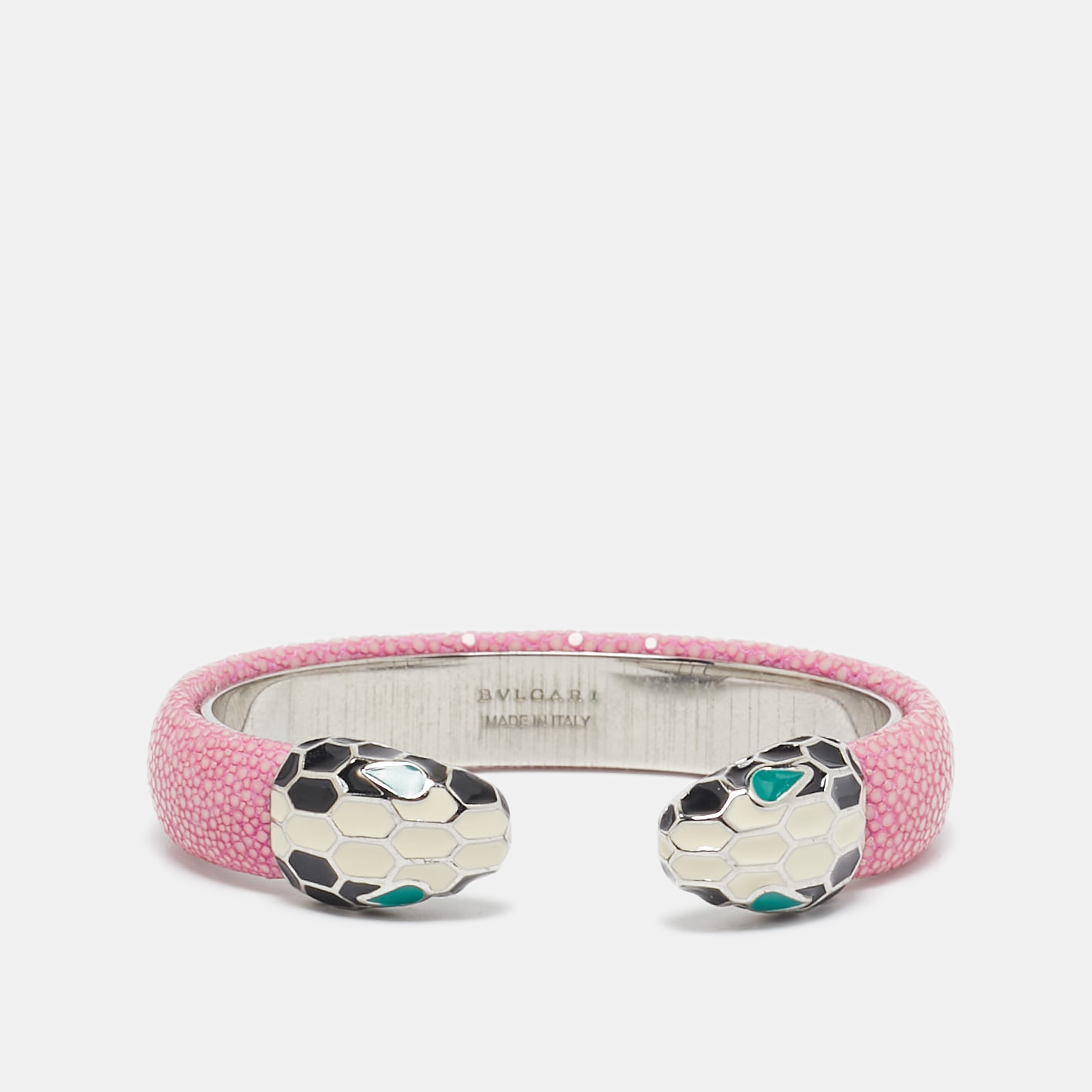 

Bvlgari Serpenti Forever Enamel Pink Galuchat Leather SIlver Tone Open Cuff Bracelet