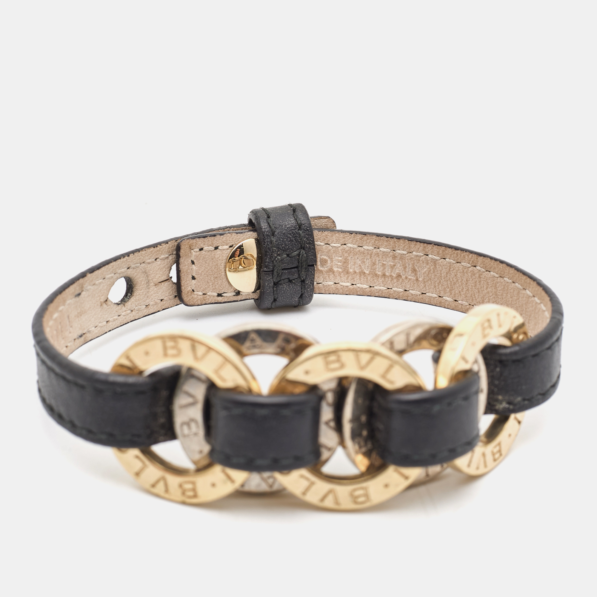 Pre-owned Bvlgari Two Tone Interlocking Circles Black Leather Two Tone Bracelet