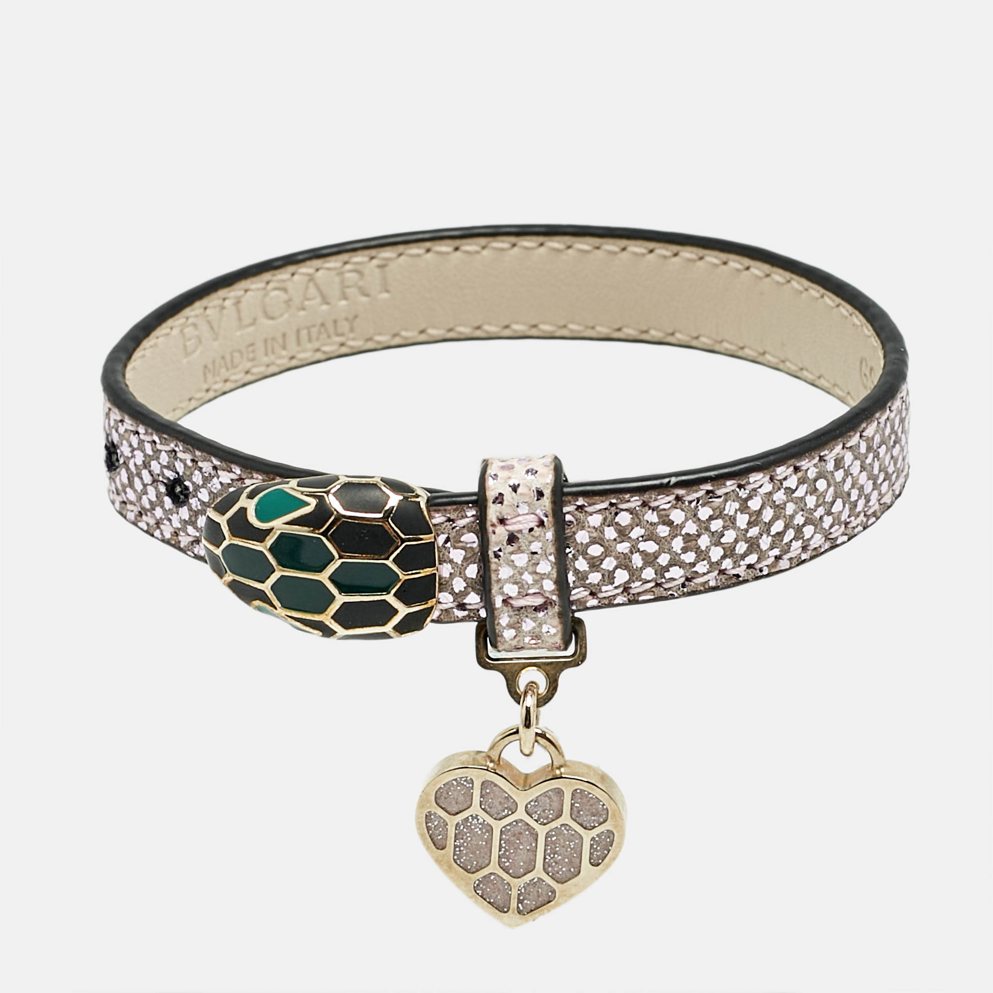 

Bvlgari Serpenti Forever Leather Heart Charm Enamel Gold Tone Bracelet