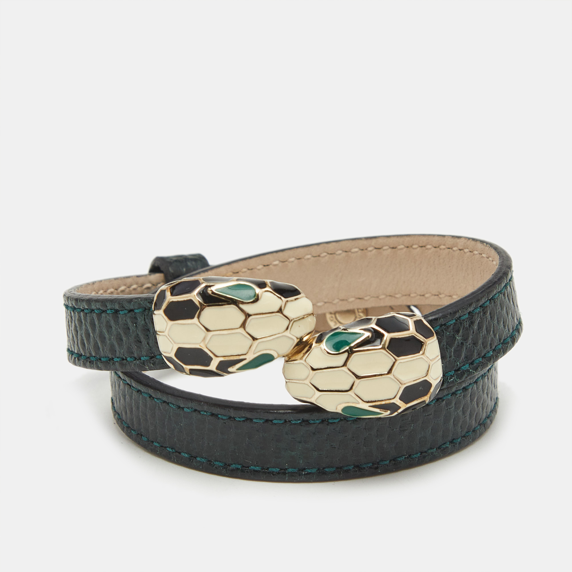 

Bvlgari Serpenti Snakeskin Leather Enamel Gold Tone Wrap Bracelet