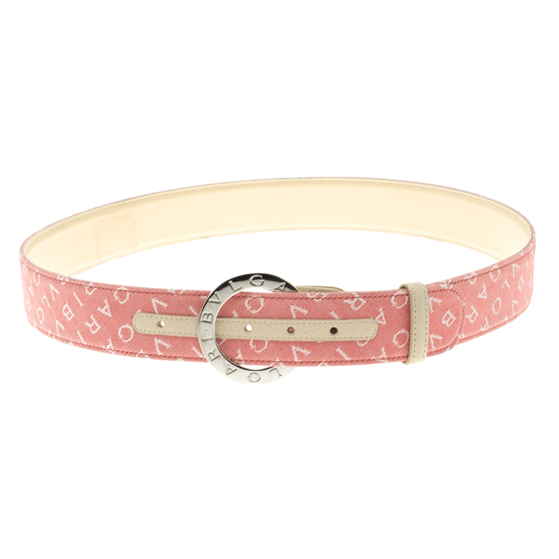 Bvlgari Pink Logo Print Canvas Logo Buckle Belt 105cm