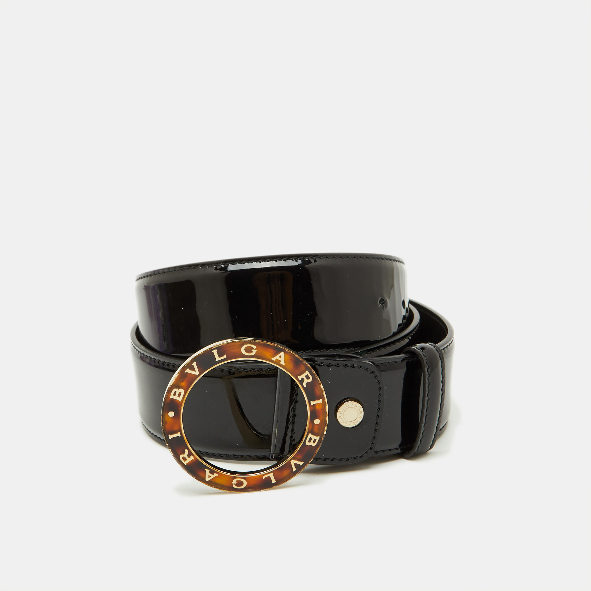 Pre-owned Bvlgari Black Patent Leather Ring Buckle Belt 110cm