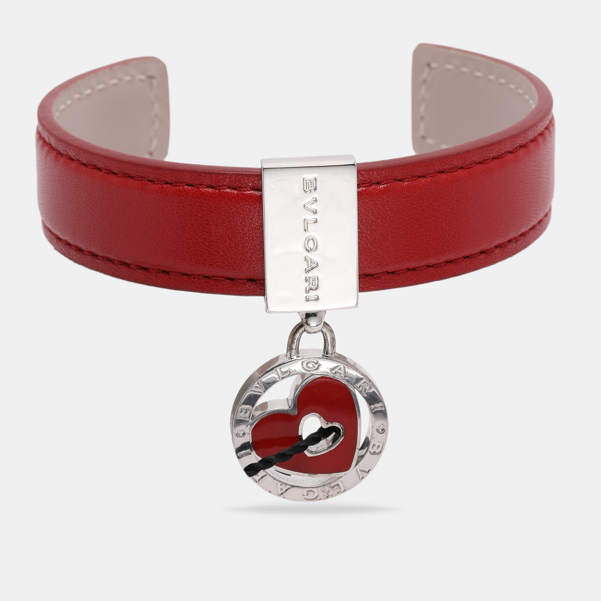 

Bvlgari Red Leather Sterling Silver 925 Open Cuff Bracelet