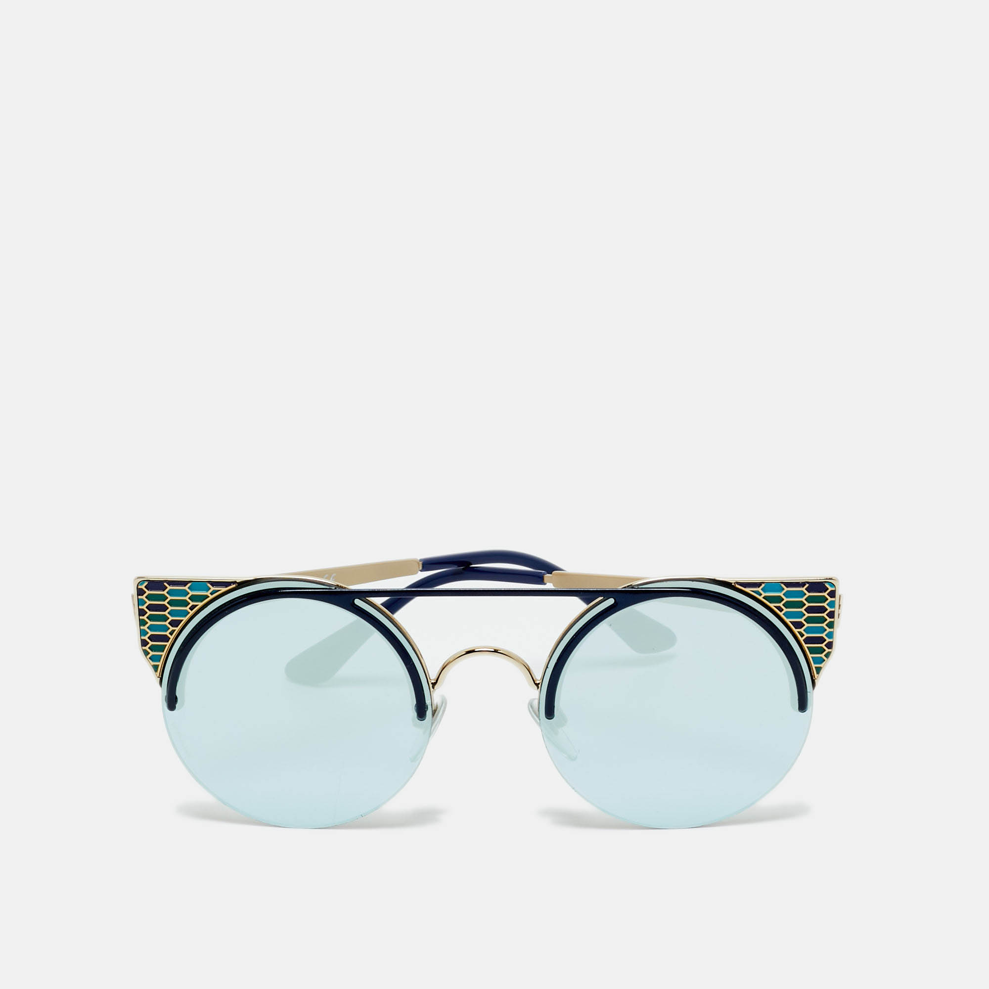 Pre-owned Bvlgari Blue/gold Tone Mirrored 6088 Serpenti Frame Round Sunglasses