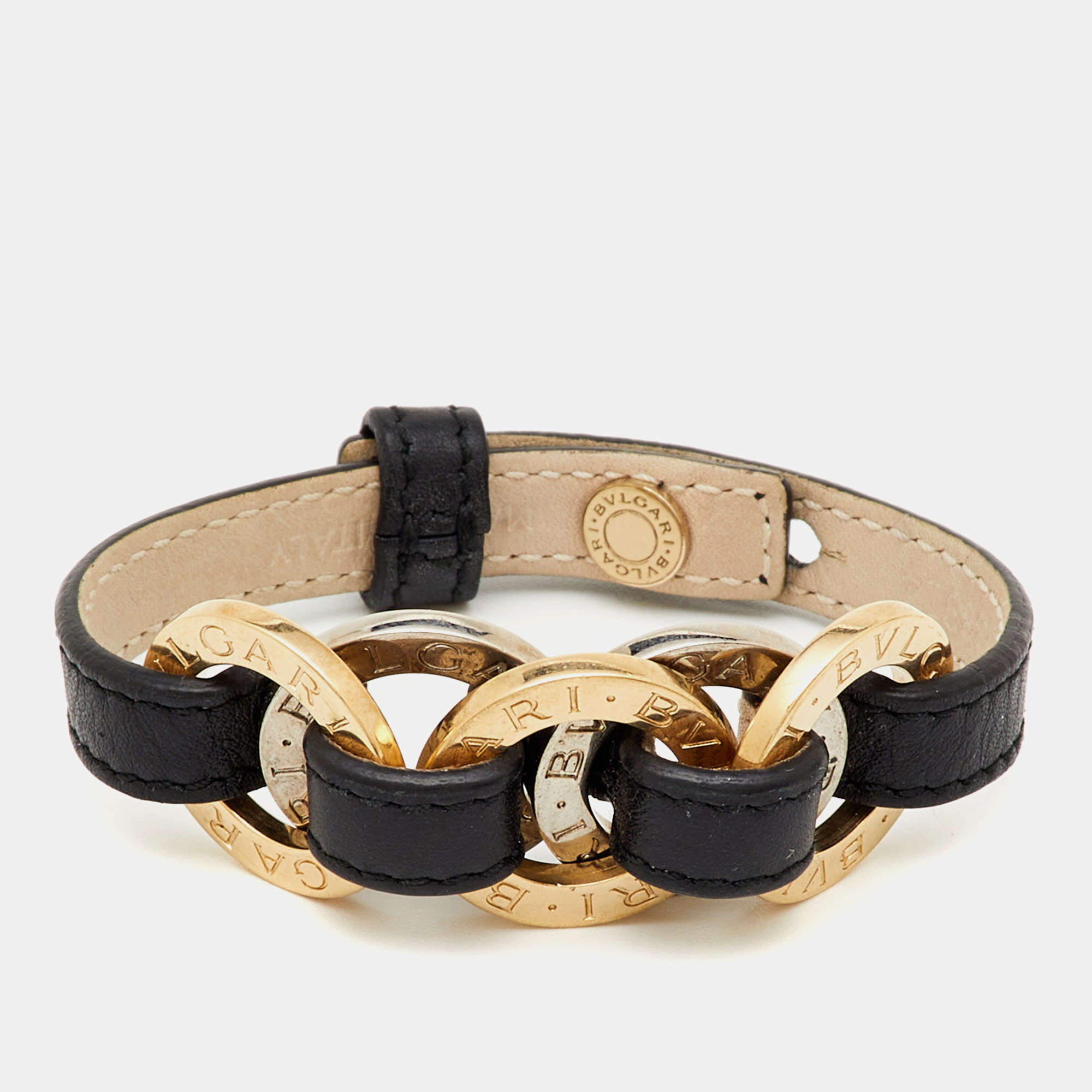 Pre-owned Bvlgari Two Tone Interlocking Circles Black Leather Bracelet
