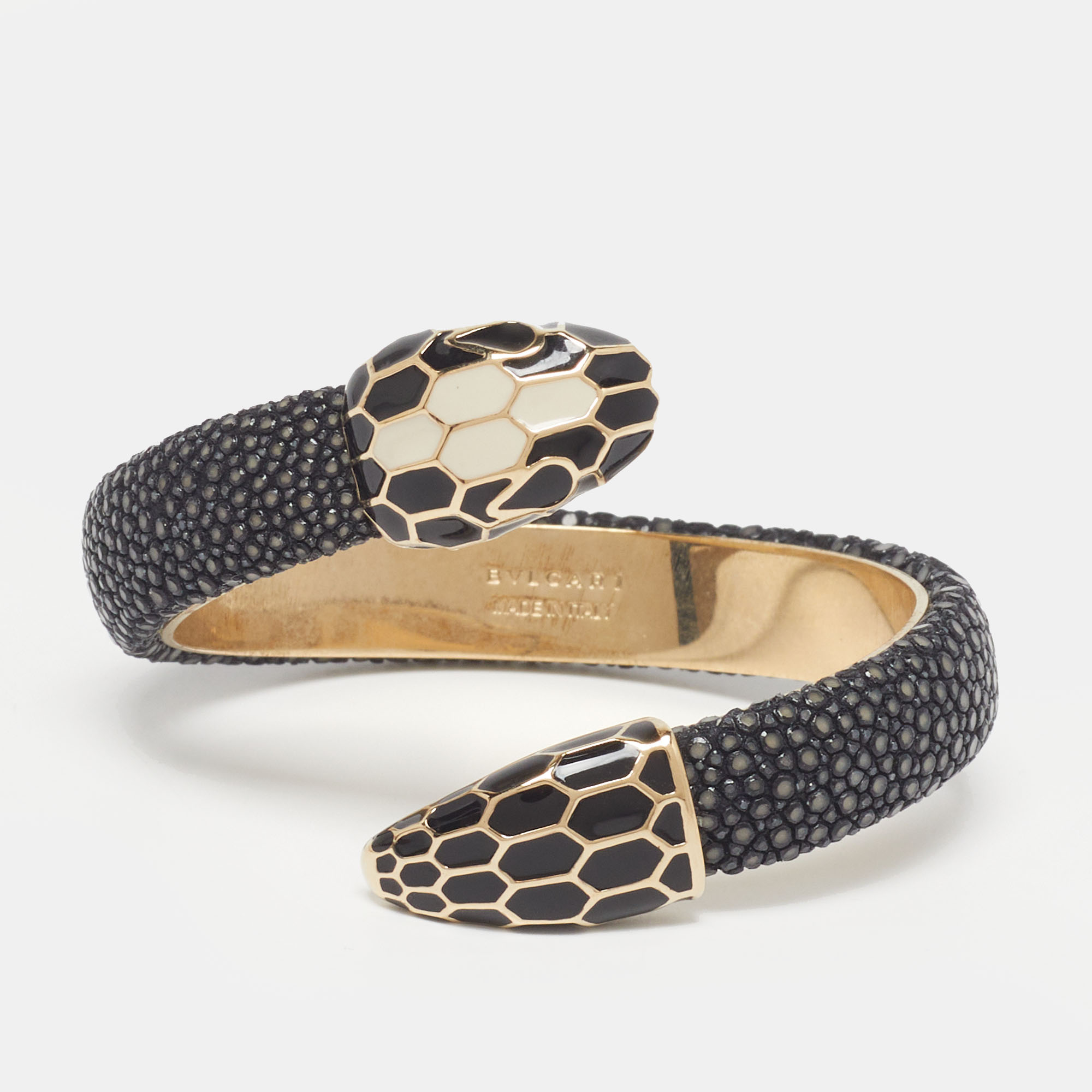 

Bvlgari Serpenti Enamel Leather Gold Tone Open Cuff Bracelet