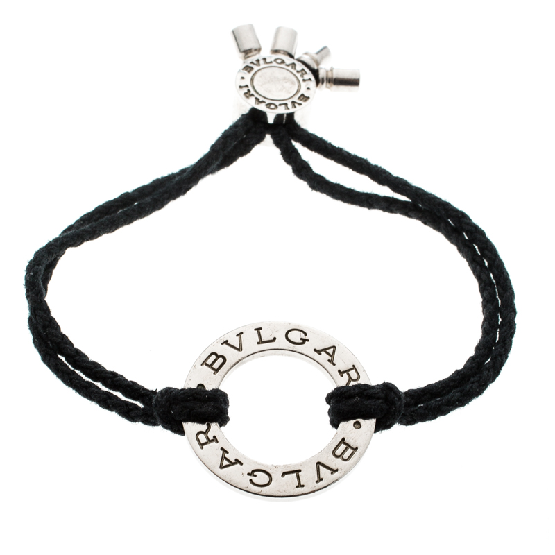 Bvlgari Silver Charm Black Cord Adjustable Bracelet