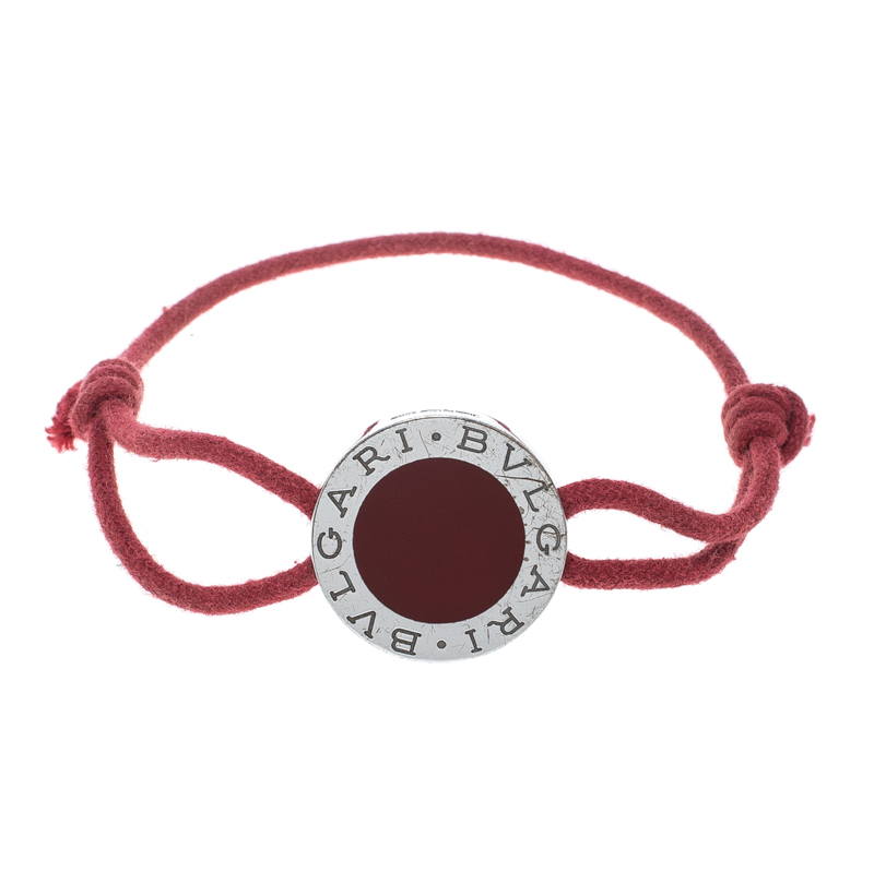 Bvlgari Heart Motif Charm Bracelet Silver 925 Pink Cord