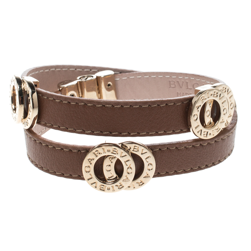 Bvlgari Brown Leather Gold Tone Double Coiled Wrap Bracelet