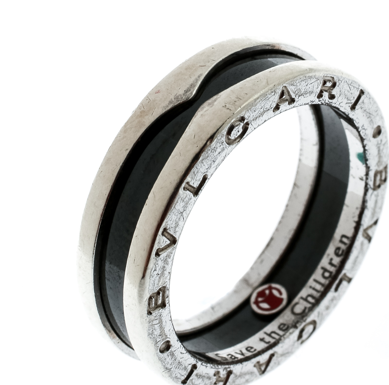 Bvlgari Save the Children 1-Band Black Ceramic Silver Ring Size 58