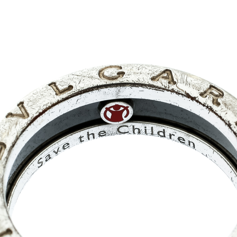 Bvlgari Save the Children 1-Band Black Ceramic Silver Ring Size 58